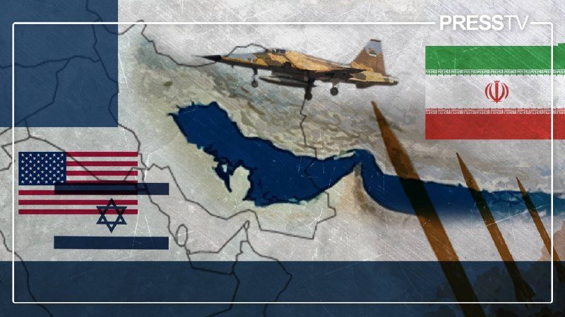 A graphic illustration shows a fighter jet over a map, flanked by US and Israeli flags on one side and an Iranian flag on the other, with "PRESS TV" in the corner.