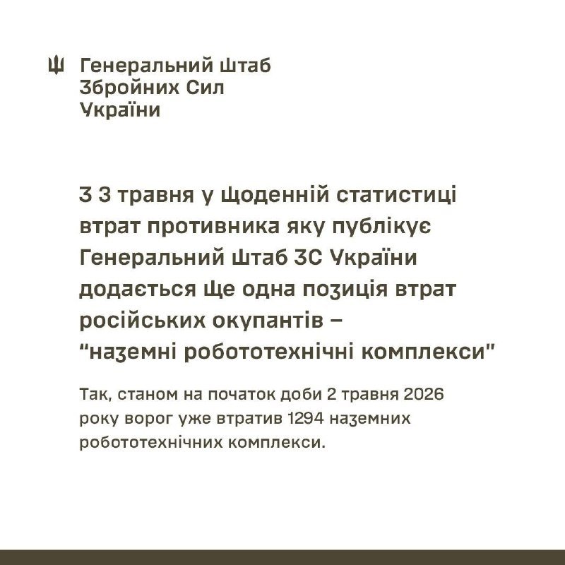 A graphic displays the Ukrainian General Staff logo and Cyrillic text announcing the addition of "ground robotic complexes" to daily enemy loss statistics, citing 1,294 destroyed as of May 2, 2026.