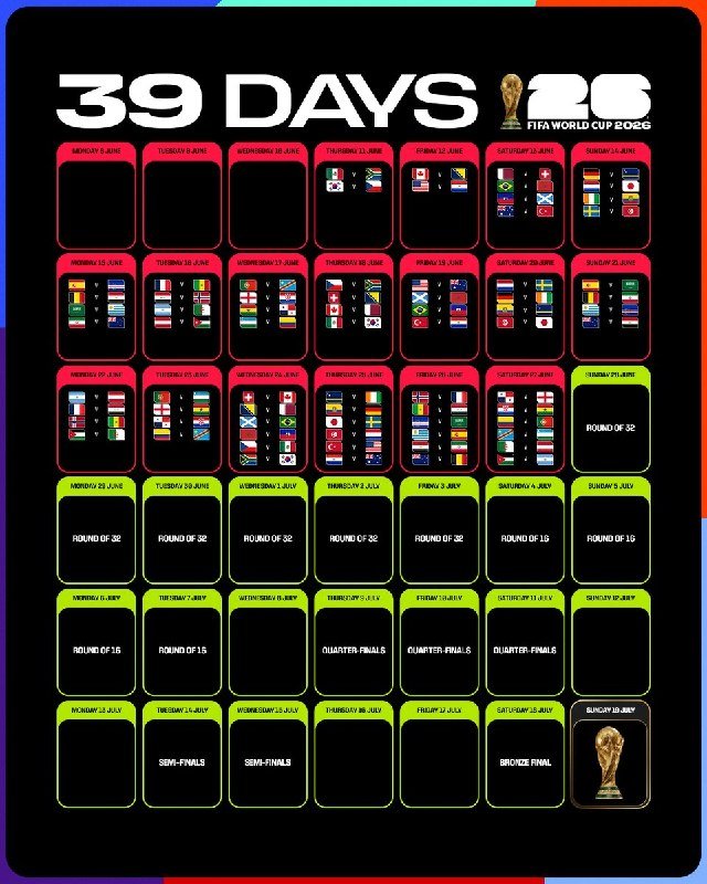 A digital graphic displays a "39 DAYS" FIFA World Cup 2026 match schedule, featuring a grid of national flags organized by dates and knockout rounds leading to a trophy image.