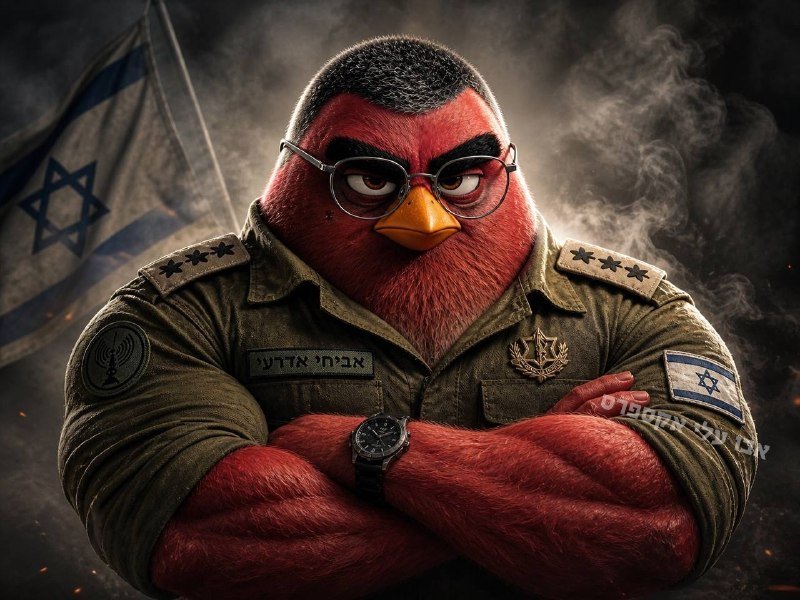 A digital illustration depicts a stern, anthropomorphic red bird character with glasses, wearing an Israeli military uniform with insignia, standing with crossed arms before an Israeli flag amid smoky darkness.