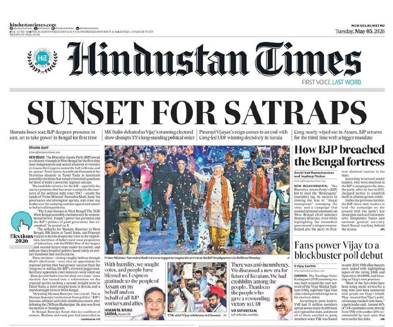 The front page of the Hindustan Times newspaper, dated Tuesday, May 05, 2026, displays the headline "LIFE FOR SATI?" above a photo of Prime Minister Narendra Modi waving to supporters.
