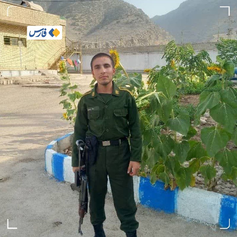 A young man in a green military uniform stands holding a rifle beside sunflowers and greenery, with a building and mountains visible in the background.