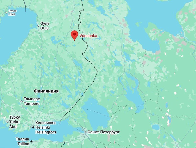 A digital map shows a red location pin marking "Vuosanka" in northern Finland, with labeled cities including Oulu, Tampere, Helsinki, and Tallinn.