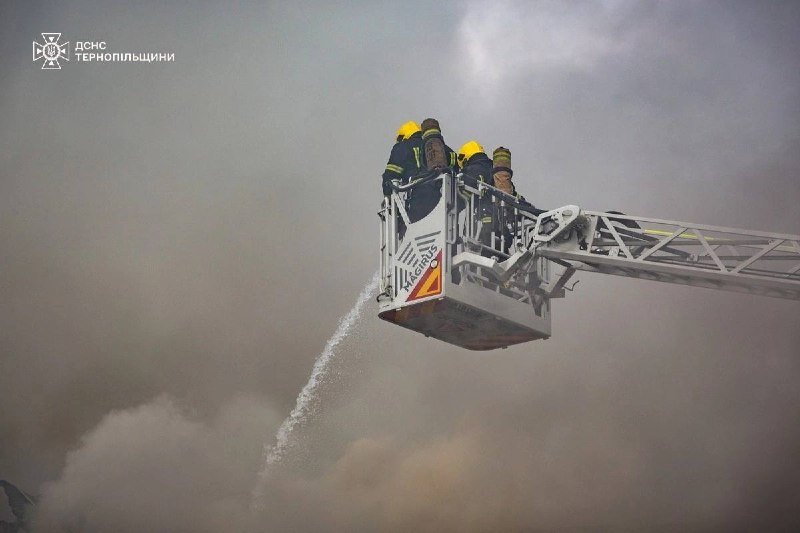 Firefighters in a raised aerial ladder bucket spray water downward amid thick gray smoke, with a logo reading "ДСНС ТЕРНОПІЛЬЩИНИ" visible in the corner.