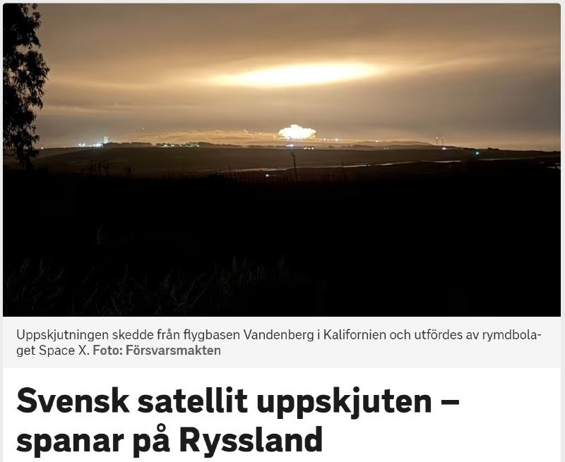 A nighttime photo shows a bright launch plume illuminating a cloudy sky above distant hills and scattered ground lights, accompanied by Swedish text and a headline.