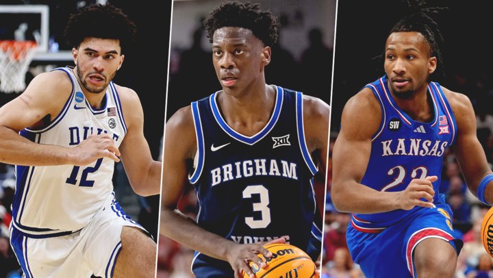 Three side-by-side photos show college basketball players in action: one in a white Duke #12 jersey, one in a dark BYU #3 jersey dribbling, and one in a blue Kansas #22 jersey handling the ball.
