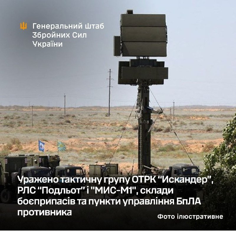 A military radar system on a tall mast stands in a barren landscape alongside parked military trucks, with Ukrainian text overlay including the General Staff emblem.