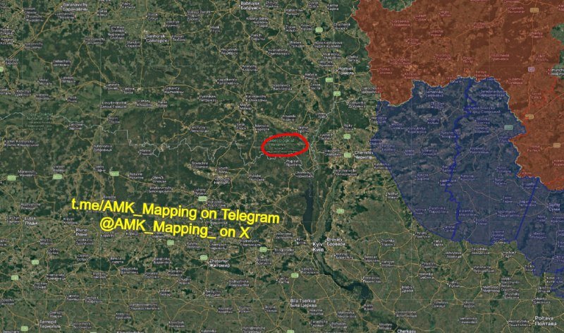 A satellite map displays a red-circled location near Belgrade and Pristina, with brown and blue shaded regions to the east, overlaid with yellow text crediting AMK Mapping on Telegram and X.