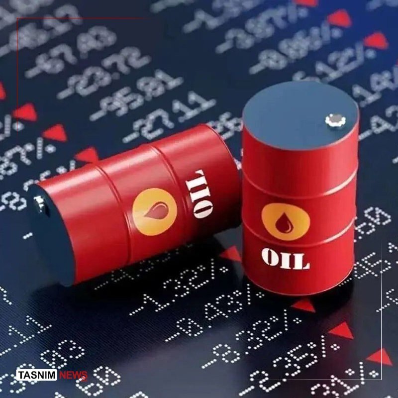 Two red toy-like oil barrels labeled "OIL" sit on a digital stock-market display showing declining numerical figures and red downward arrows, with a "Tasnim News" watermark.