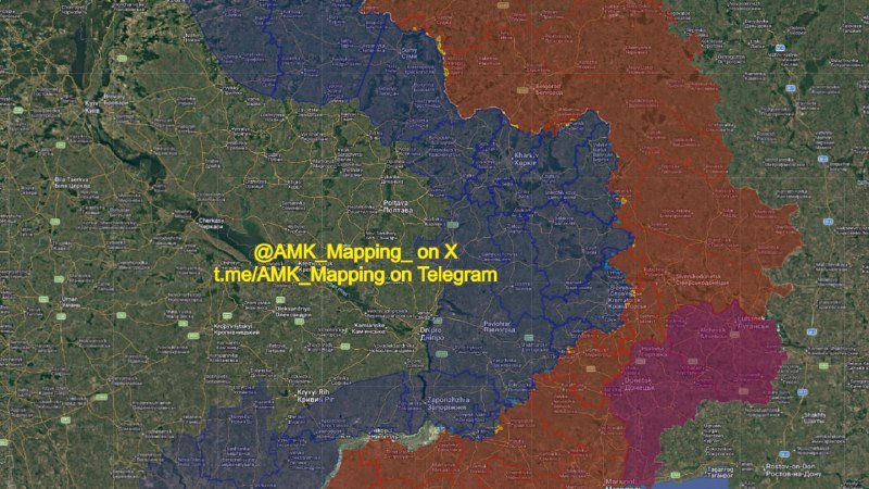 A satellite map shows regions in eastern Ukraine, including Kharkiv and Donetsk oblasts, overlaid with blue, red, and purple shaded zones, watermarked "@AMK_Mapping_ on X / t.me/AMK_Mapping on Telegram."