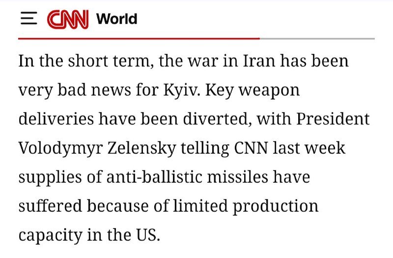 A CNN World article excerpt states the war in Iran has diverted key weapon deliveries to Kyiv, with Zelensky citing limited US anti-ballistic missile production capacity.