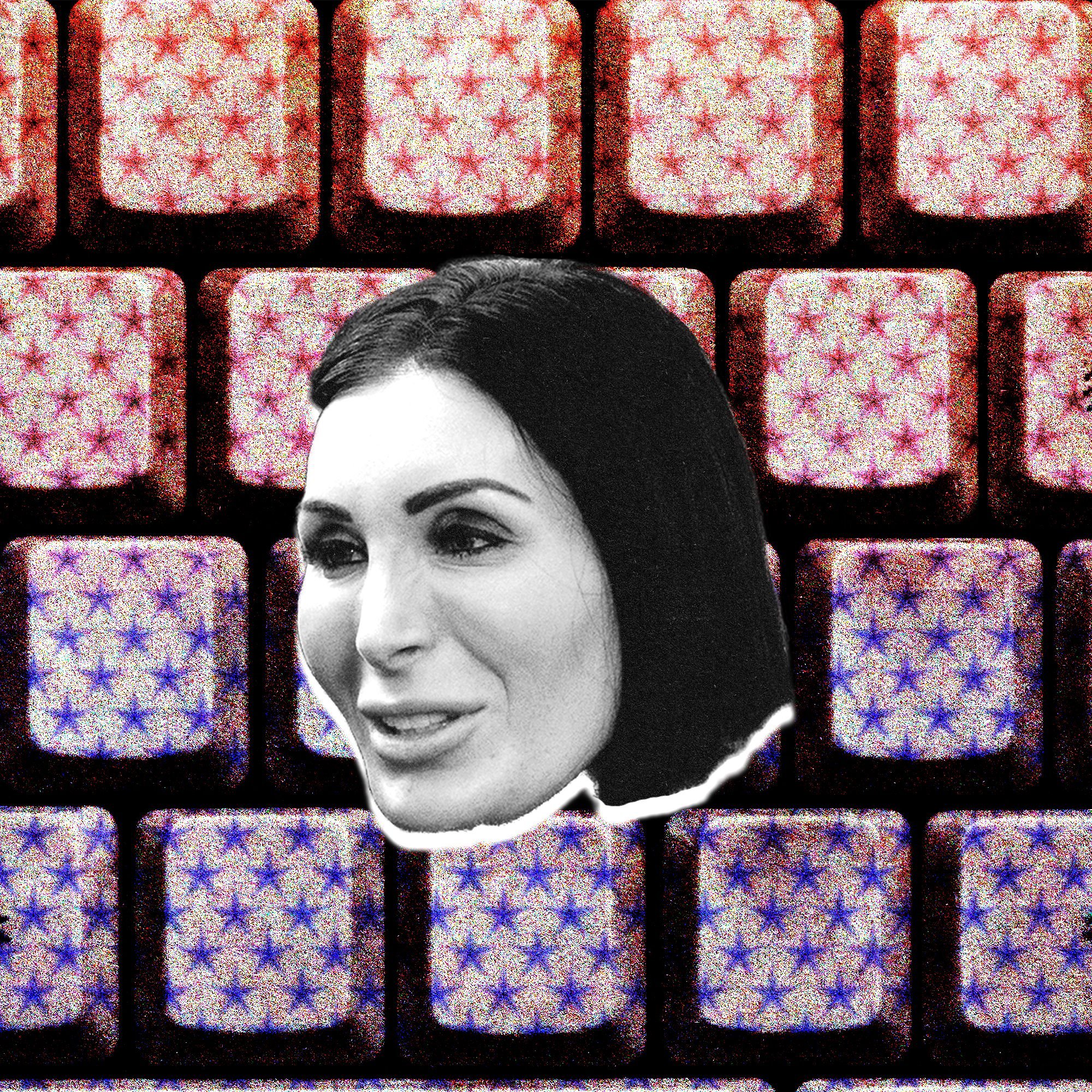 A black-and-white portrait of a smiling woman with long dark hair is centered against a background of grainy, multicolored square tiles.