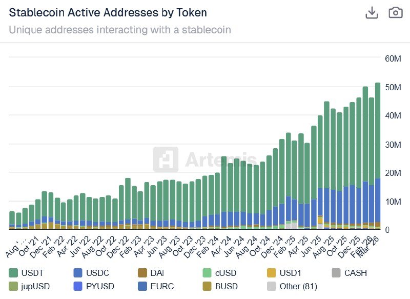 A stacked bar chart titled "Stablecoin Active Addresses by Token" shows USDT, USDC, DAI, cUSD, and other tokens from August 2021 to early 2026, with total addresses rising to approximately 50 million.