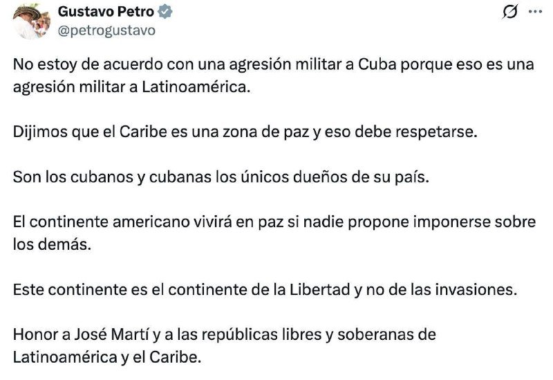 A screenshot of a Spanish-language post by verified user "Gustavo Petro" (@petrogustavo) containing a multi-paragraph statement opposing military aggression against Cuba.