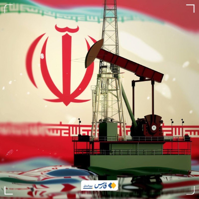 An oil pumpjack and drilling rig are silhouetted against a backdrop of the Iranian flag.
