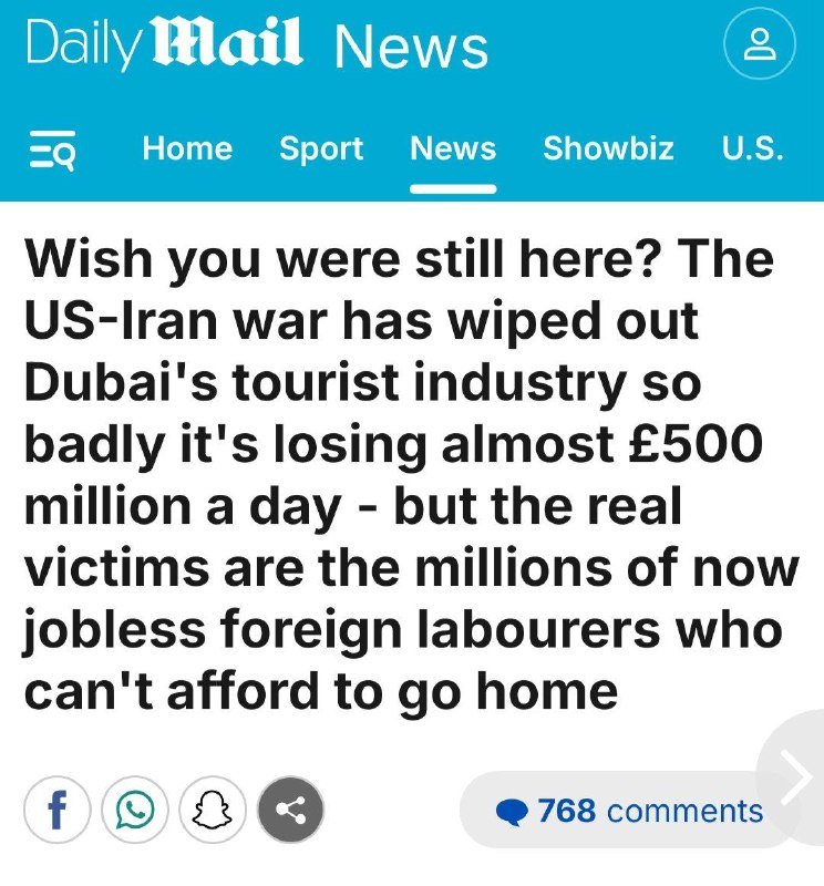 A Daily Mail News mobile screenshot displays a headline about Dubai's tourist industry losses and jobless foreign laborers, with 768 comments shown below.