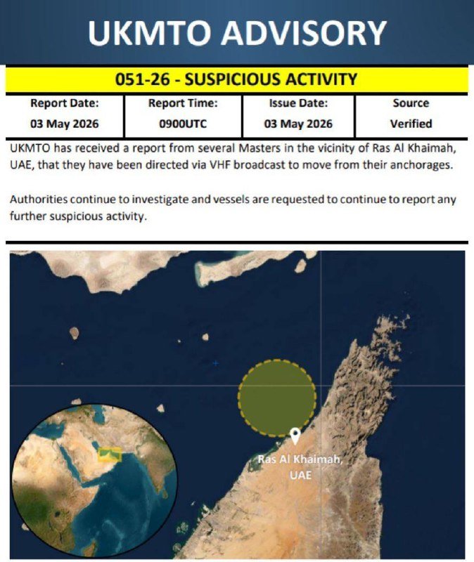 A UKMTO Advisory graphic dated 03 May 2026 (051-26) reports suspicious activity near Ras Al Khaimah, UAE, accompanied by a map highlighting the location.
