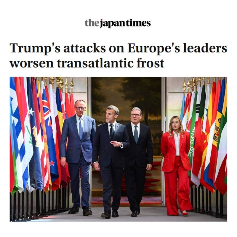 Four formally dressed individuals walk forward between rows of international flags, beneath a Japan Times headline reading "Trump's attacks on Europe's leaders worsen transatlantic frost."