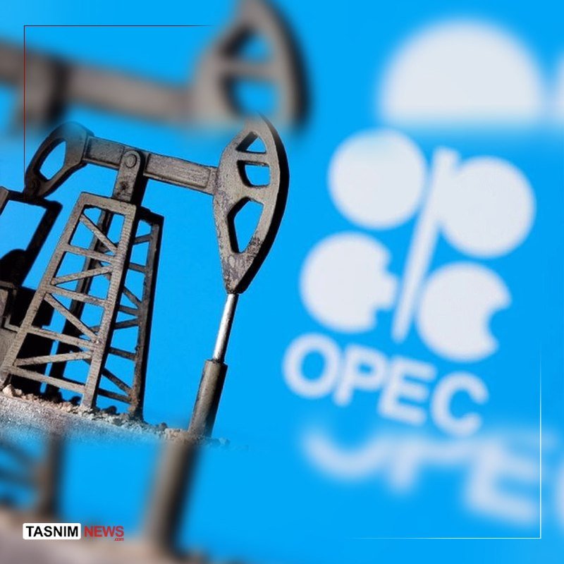 A miniature model oil pumpjack stands in the foreground with a blurred "OPEC" logo displayed on a blue background.