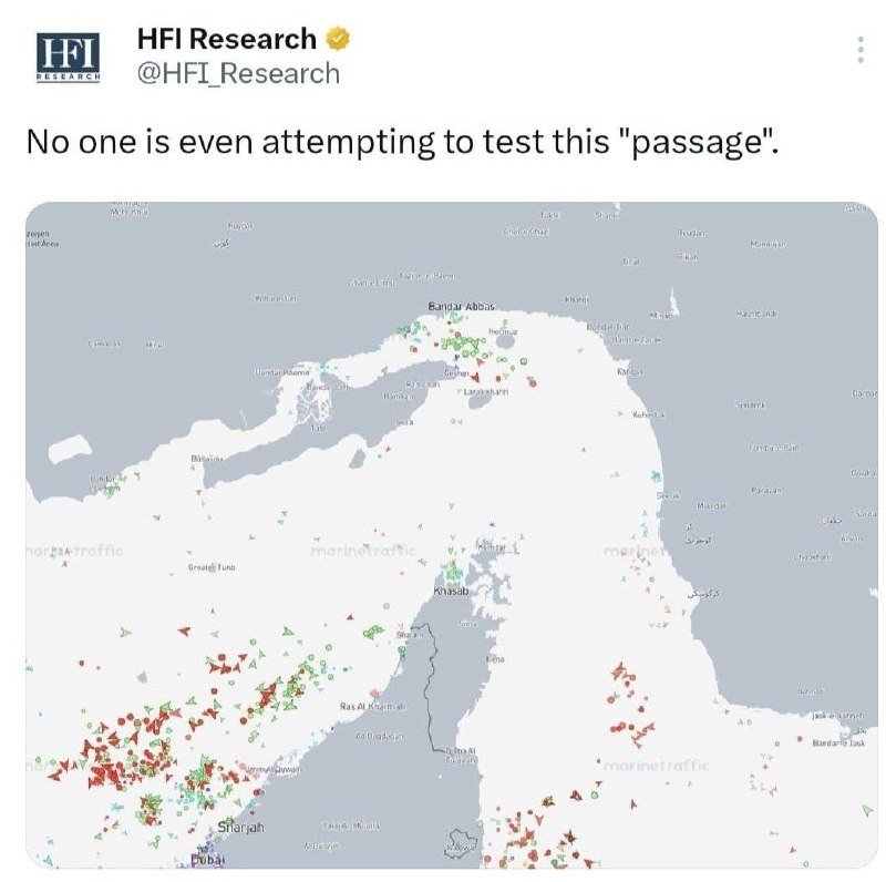A screenshot of a tweet from HFI Research showing a MarineTraffic map of the Persian Gulf with numerous ship icons clustered near the Strait of Hormuz.