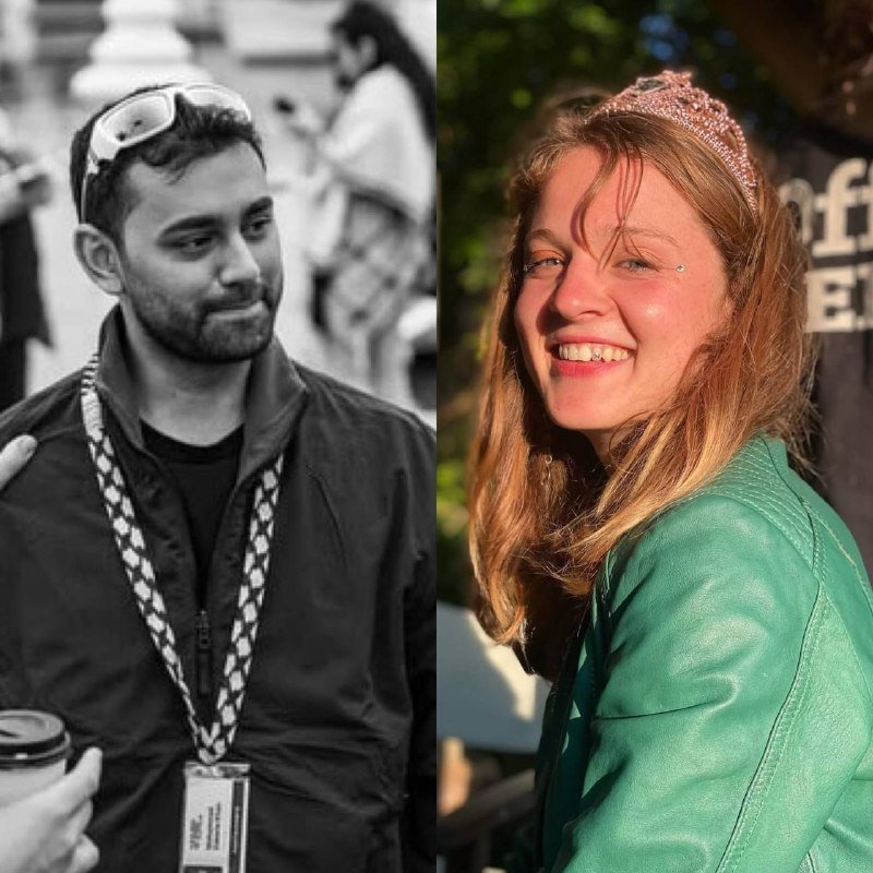 A side-by-side image shows a man in black and white wearing sunglasses on his head and a lanyard, alongside a color photo of a smiling woman wearing a tiara and green jacket.