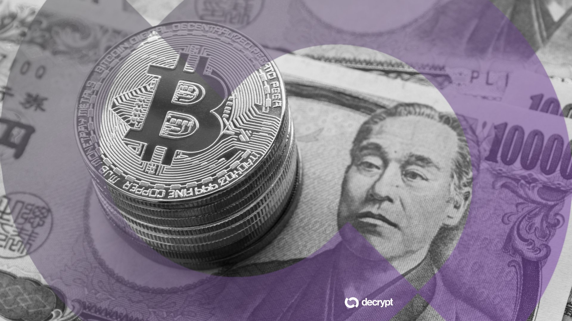 A stack of physical Bitcoin tokens rests on Japanese yen banknotes, overlaid with a purple circular graphic and a "decrypt" watermark.