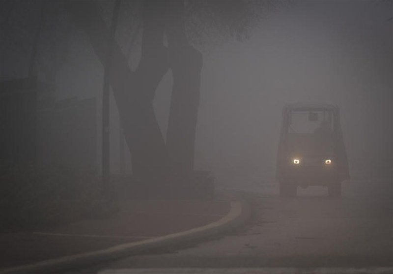 A small vehicle with illuminated headlights drives down a road heavily obscured by thick fog, passing silhouetted trees on the left side.