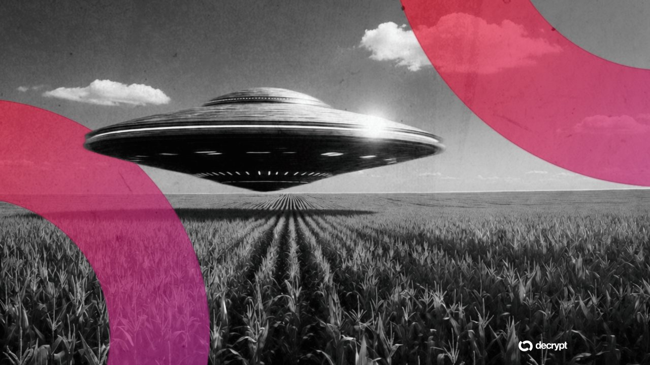 A black-and-white graphic illustration shows a glowing UFO hovering over a cornfield, accented with pink and red shapes and a "decrypt" logo.