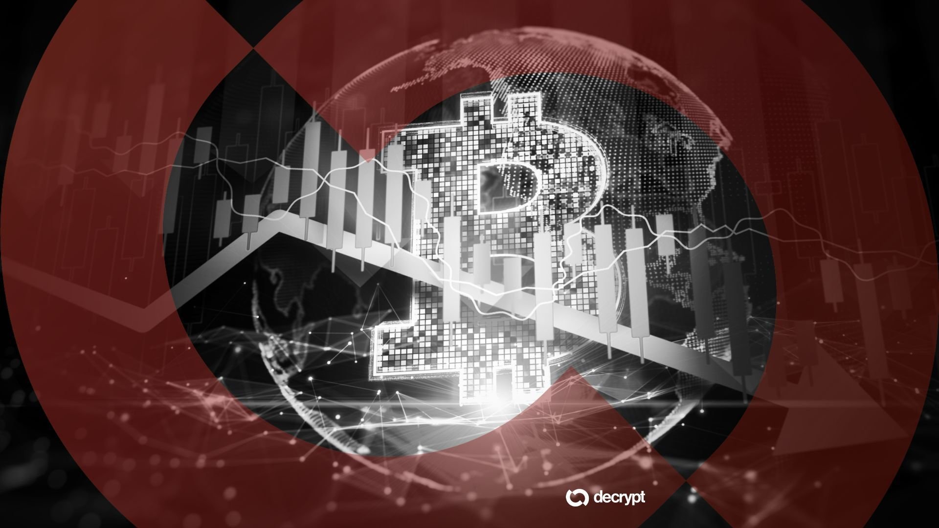 A digital illustration shows a pixelated Bitcoin logo overlaid with candlestick charts, a globe, and downward trend lines, framed by a red downward arrow with the "decrypt" logo at the bottom.