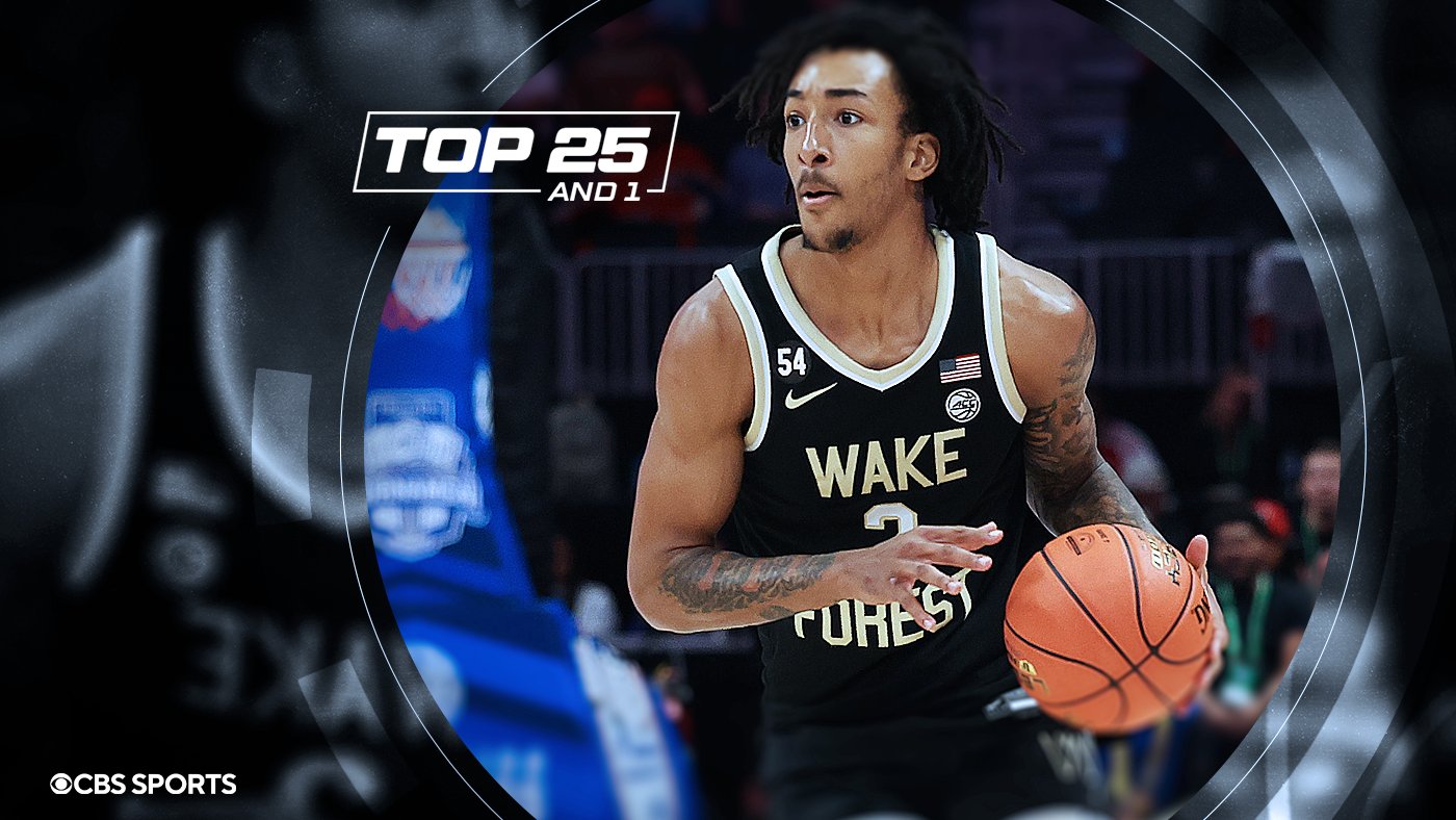 A basketball player in a black "Wake Forest" jersey dribbles the ball, featured in a CBS Sports "Top 25 And 1" graphic.