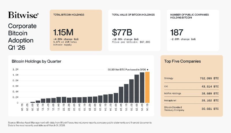 An infographic titled "Bitwise Corporate Bitcoin Adoption Q1 '26" displays Bitcoin holdings statistics, a quarterly holdings bar chart, and a list of the top five companies holding Bitcoin.