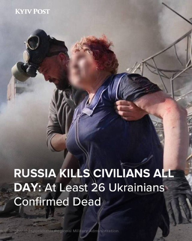 A man wearing a gas mask supports a bloodied, injured woman in blue overalls amid smoke and debris. The image is overlaid with the headline "RUSSIA KILLS CIVILIANS ALL DAY."