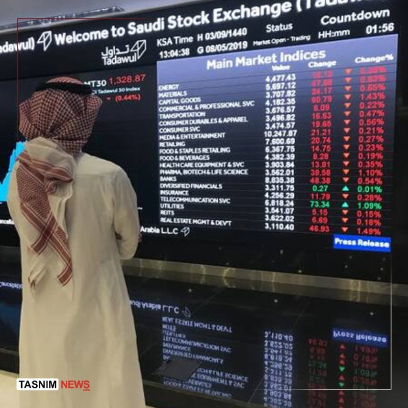 A man in traditional Saudi attire stands before a large electronic display showing "Welcome to Saudi Stock Exchange (Tadawul)" with Main Market Indices and sector data.