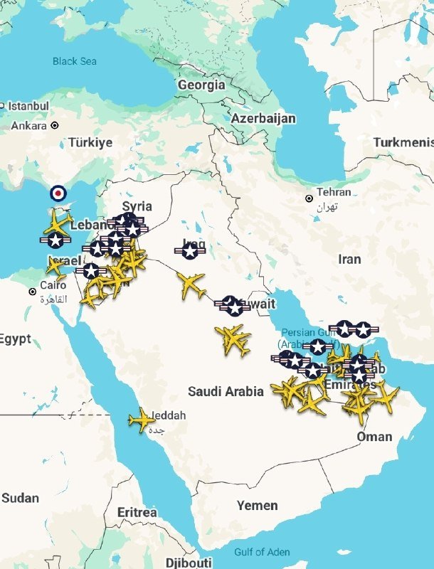 Map of the Middle East displaying yellow airplane icons and U.S. military insignia symbols clustered primarily over the eastern Mediterranean, the Persian Gulf region, and scattered locations including Jeddah and Iraq.