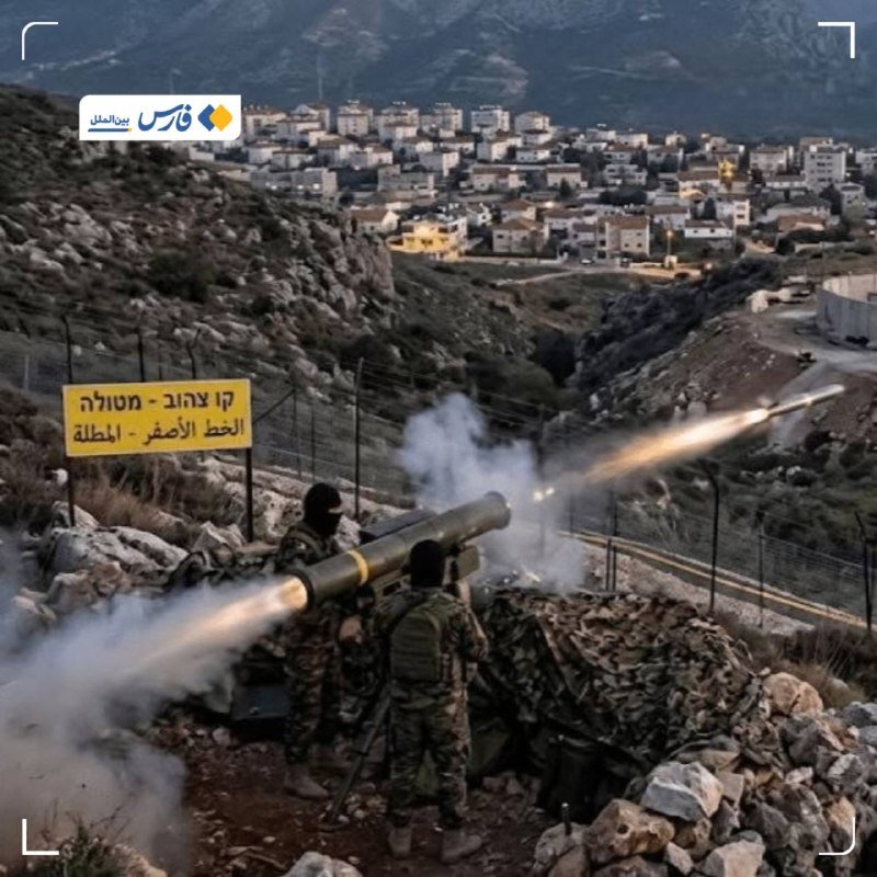 Masked figures in military uniforms fire a shoulder-mounted rocket from a hillside overlooking a town at dusk, with smoke trailing the projectile.