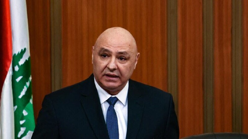 A bald man in a dark suit and blue tie speaks in front of a Lebanese flag and wooden paneled background.