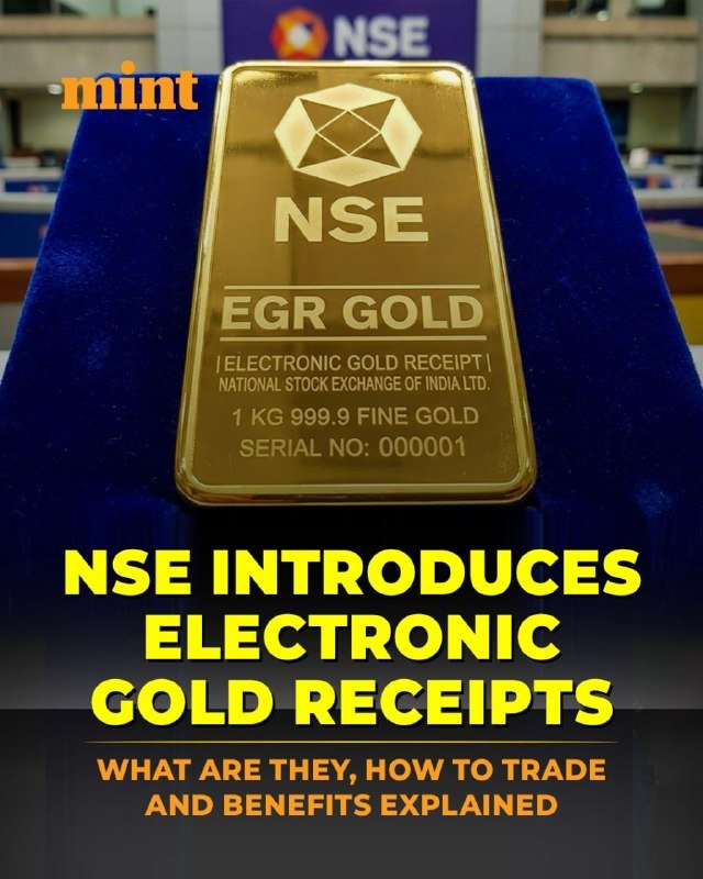 A 1 kg 999.9 fine gold bar engraved with "NSE EGR GOLD Electronic Gold Receipt" and serial number 000001 is displayed on a blue stand, with the Mint and NSE logos visible.