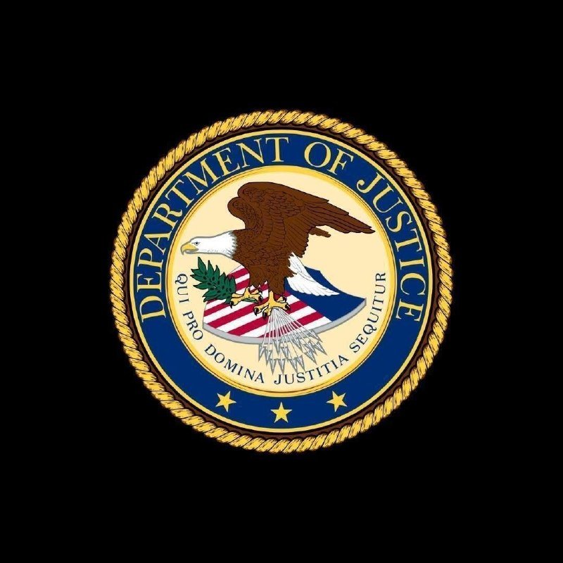 The Department of Justice seal, featuring a bald eagle, shield, and the Latin motto "Qui Pro Domina Justitia Sequitur," is displayed against a black background.