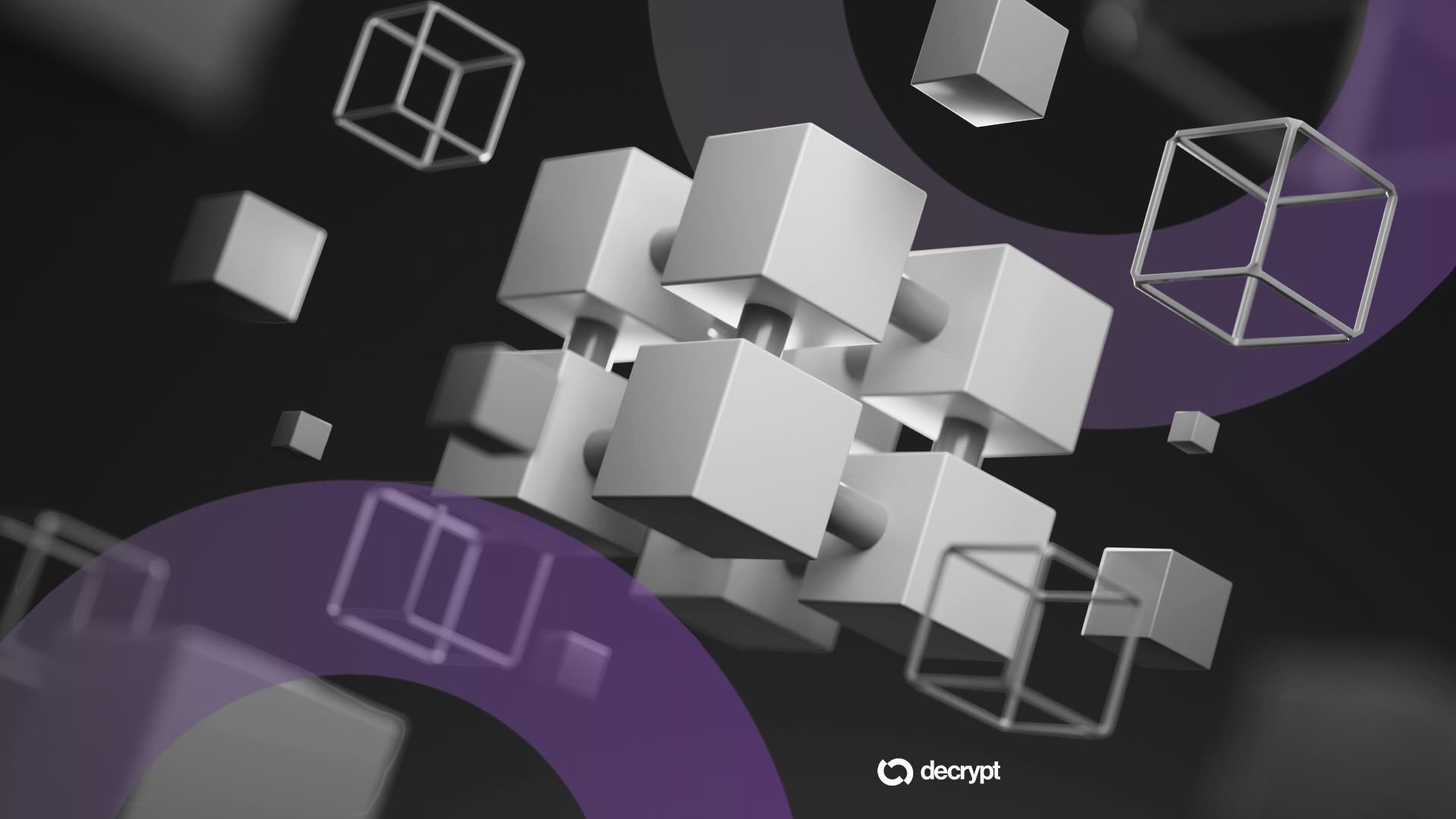 A digital graphic displays white 3D cubes and wireframe cubes floating against a black background with purple curved shapes, featuring the "decrypt" logo.