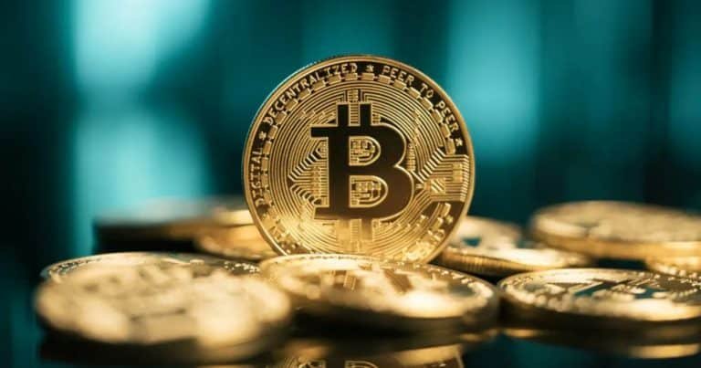 A gold Bitcoin token stands upright among several similar coins on a reflective surface, illuminated against a teal background.