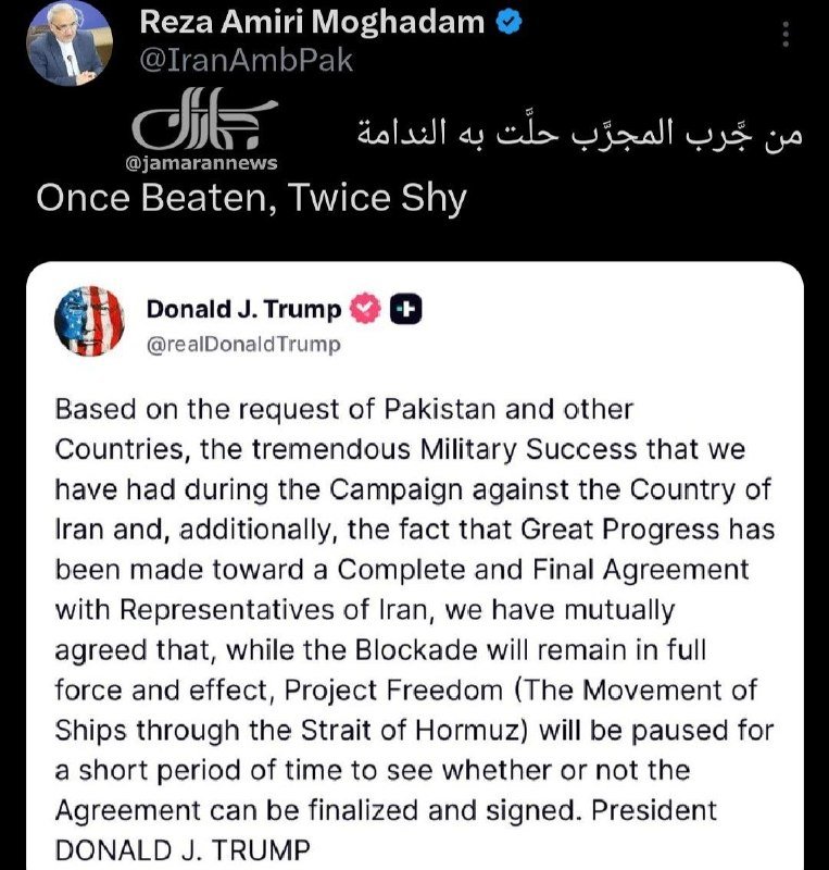 A screenshot shows an X post by Reza Amiri Moghadam sharing a statement captioned "Once Beaten, Twice Shy," quoting a post attributed to Donald J. Trump about pausing "Project Freedom" near Iran.