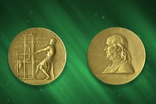 Two gold Pulitzer Prize medals are displayed against a green background, with one showing a seated figure at a printing press and the other displaying a profile portrait.