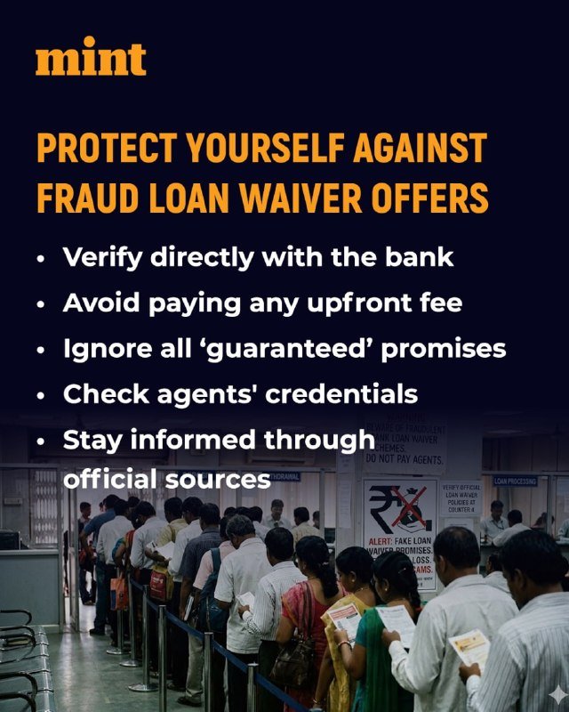 Graphic illustration showing people queuing at a bank with overlaid text "PROTECT YOURSELF AGAINST FRAUD LOAN WAIVER OFFERS" and bullet-pointed safety tips under a "mint" logo.