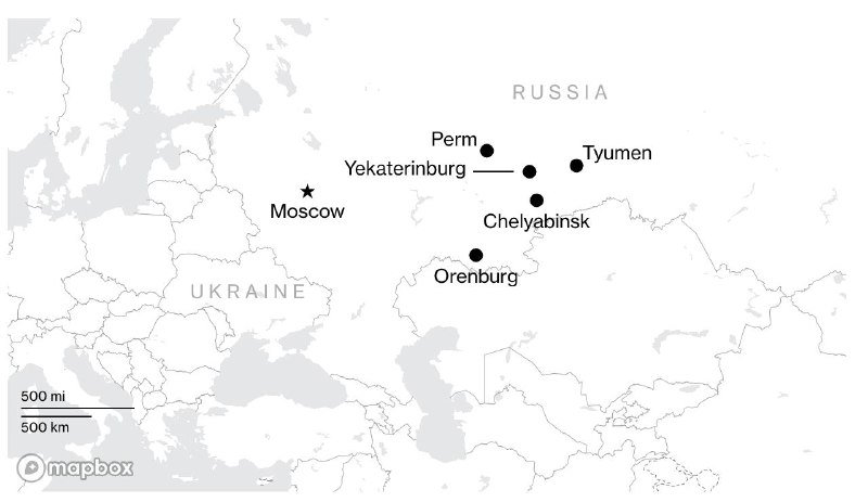 A grayscale map labels Moscow (star) and the Russian cities of Perm, Yekaterinburg, Tyumen, Chelyabinsk, and Orenburg, with a 500-mile/500-km scale bar and Mapbox attribution.
