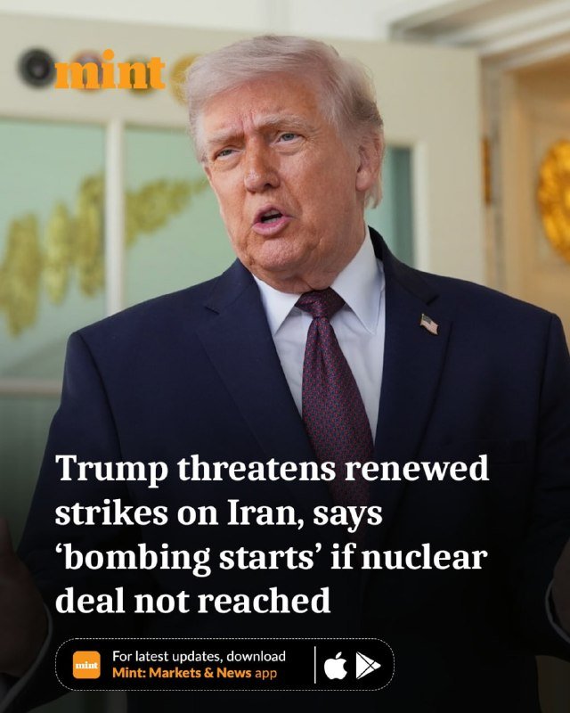 A man in a dark suit and maroon tie speaks indoors, shown above a Mint news headline reading "Trump threatens renewed strikes on Iran, says 'bombing starts' if nuclear deal not reached."