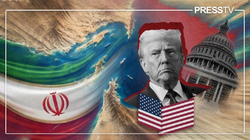Press TV graphic showing a man's portrait with American and Iranian flags against a map and Capitol dome background.