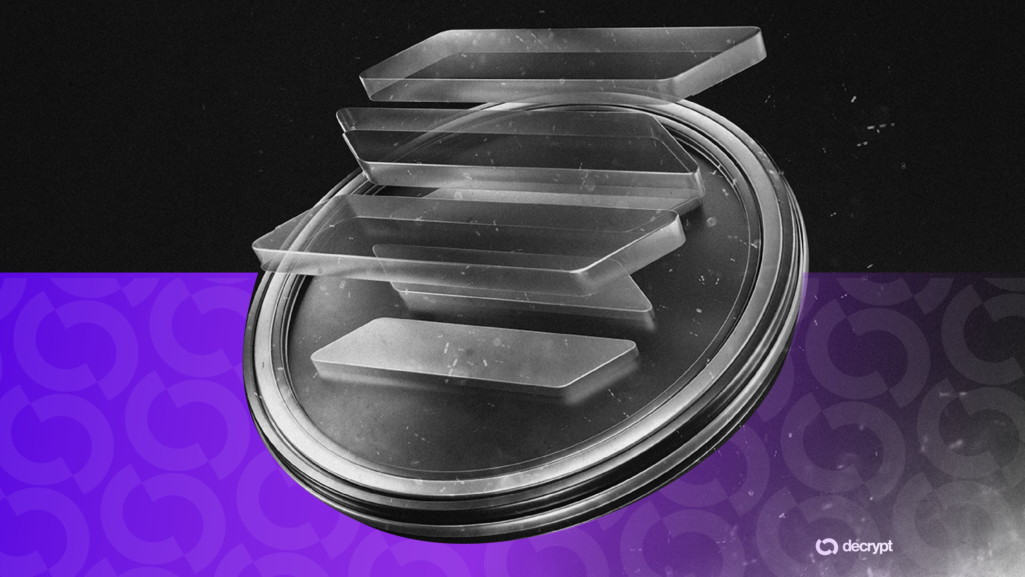 A digital illustration shows a metallic coin displaying the Solana logo, set against a split black and purple background with a "decrypt" watermark.