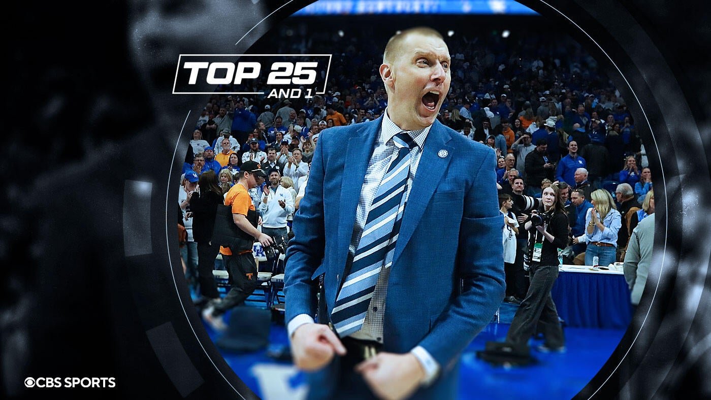 A graphic shows a shouting man in a blue suit and striped tie on a basketball court, with "TOP 25 AND 1" and "CBS SPORTS" text.