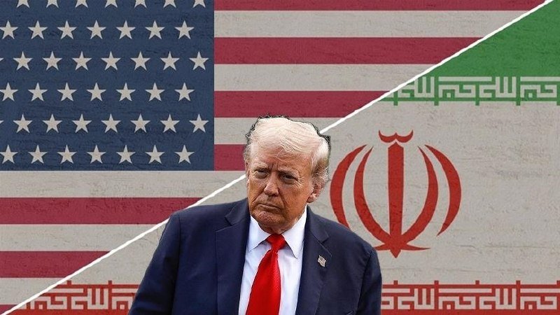 A digital illustration shows a man in a dark suit and red tie positioned in front of a diagonally split backdrop featuring the U.S. and Iranian flags.