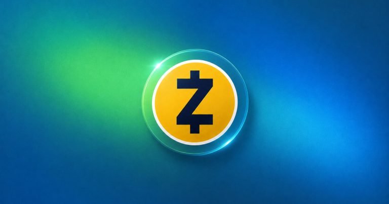 Digital illustration of a yellow and black Zcash cryptocurrency coin logo centered on a blue and green gradient background.